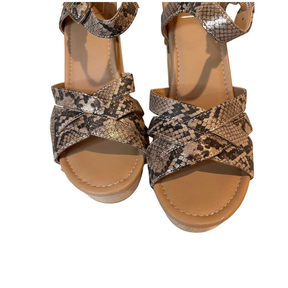 kaari blue‎ Women's Snake Print Platform Wedge Sandals Wood Heel; Ankle Strap
